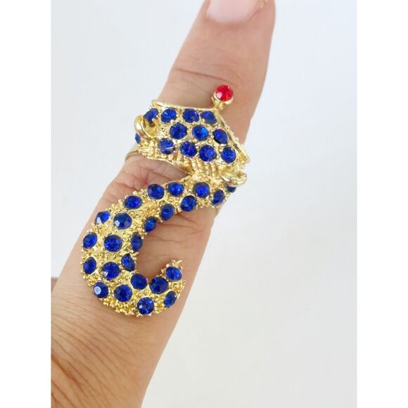 Fox Tail Climbing Ring Adjustable Gold Tone Blue Rhinestone - Picture 4 of 5